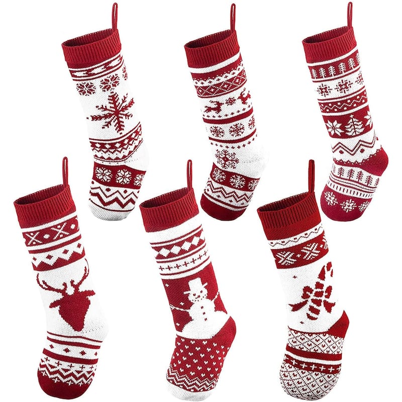 6 Pack 18" Knit Christmas Stockings for Family Holiday Decorations